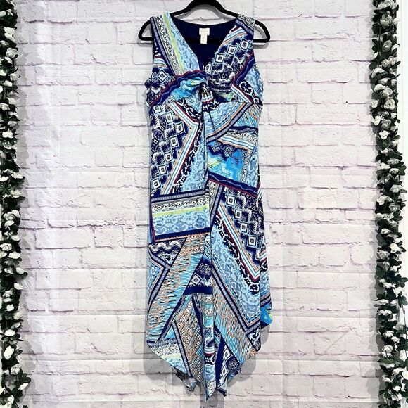 Chico's Handkerchief Hem Mixed Media Asymmetric Twist Dress 2 Petite Stretch - Picture 2 of 11